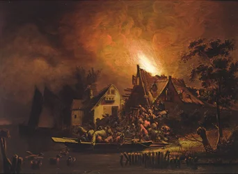 Dorpelingen proberen een huisbrand te blussen